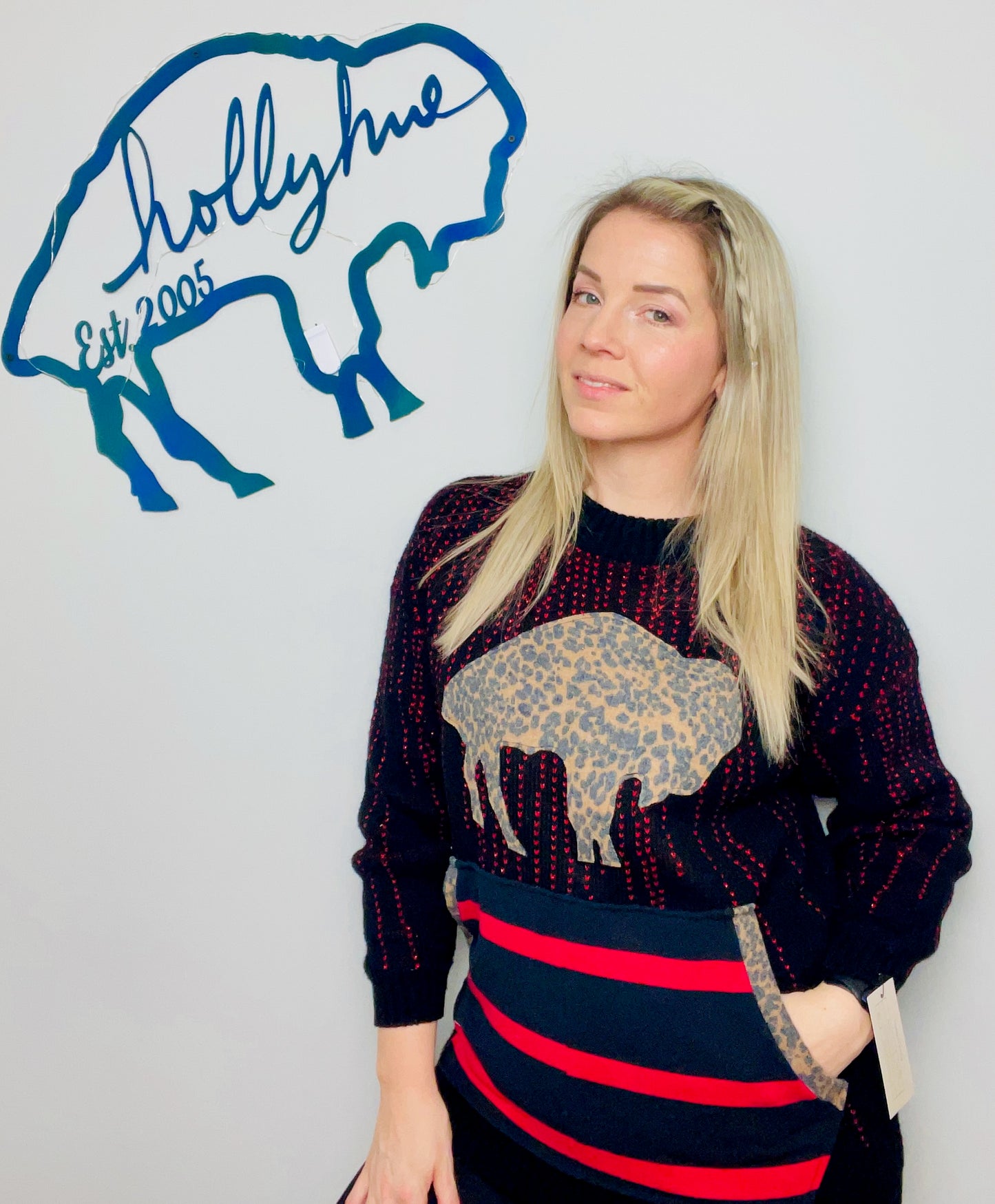 Black Heart and Buffalo Leopard Crewneck Sweater Size- Women's M/L