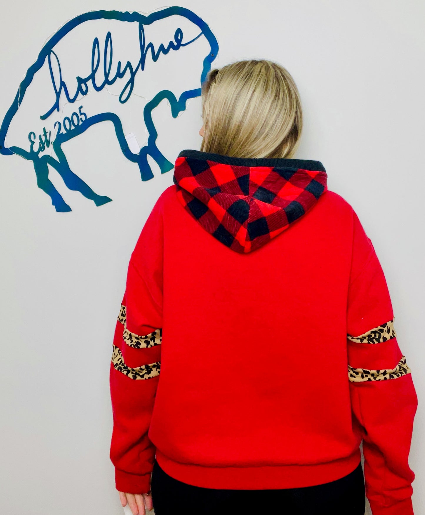 Red With Leopard and Buffalo Plaid Hoodie Size- Women's L/XL