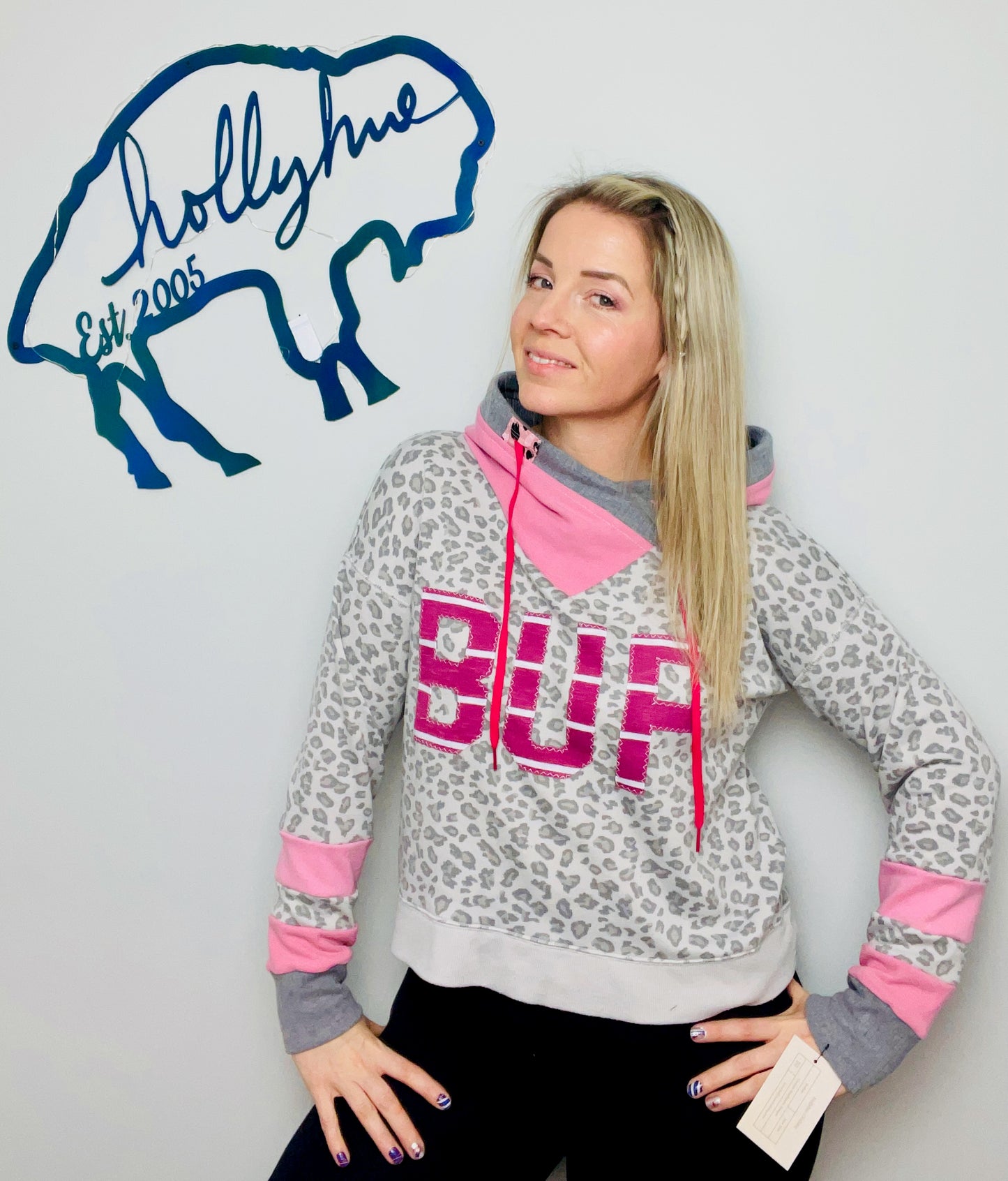 Grey Leopard and Pink BUF Crop Hoodie Size- Women's M/L