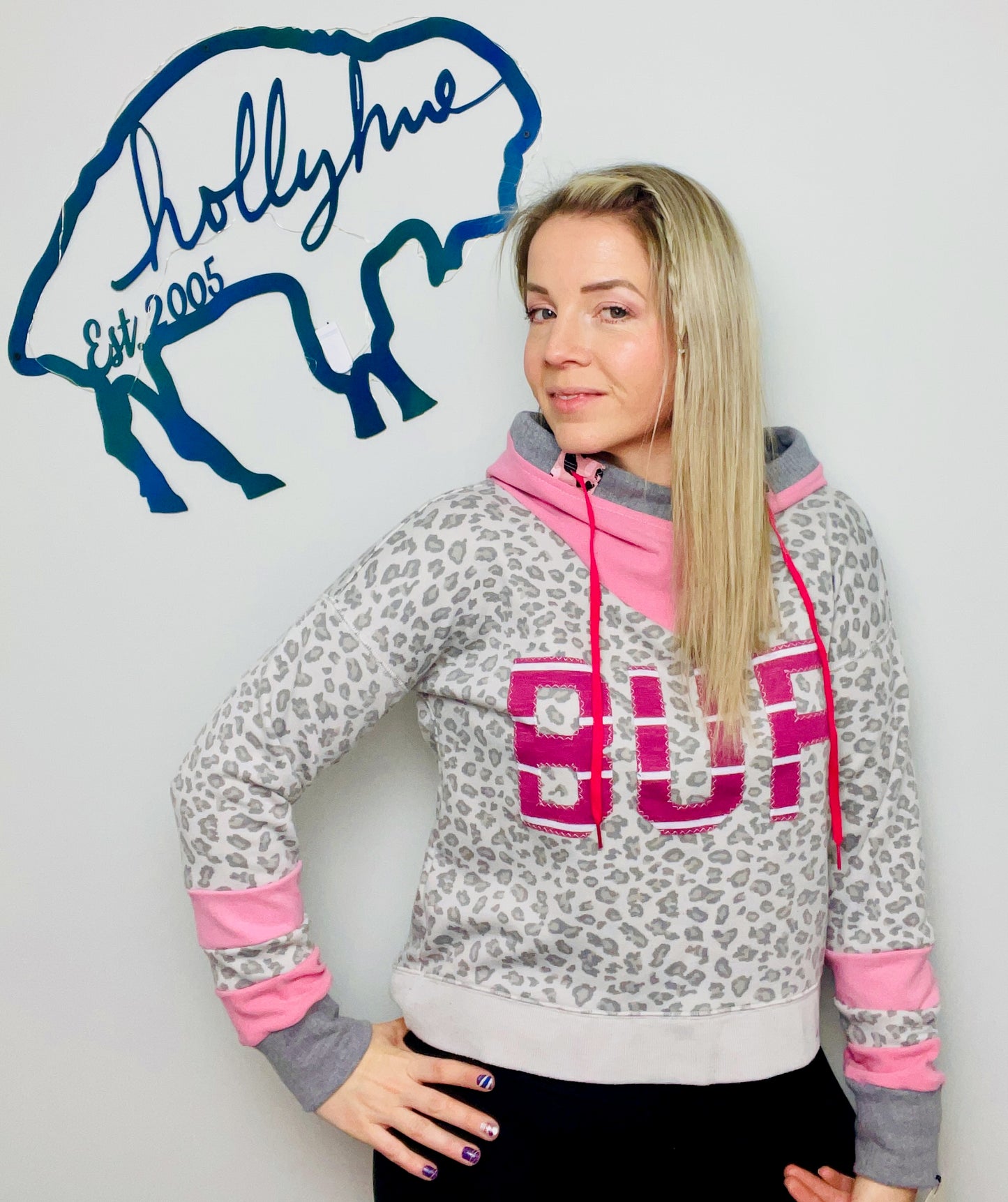 Grey Leopard and Pink BUF Crop Hoodie Size- Women's M/L